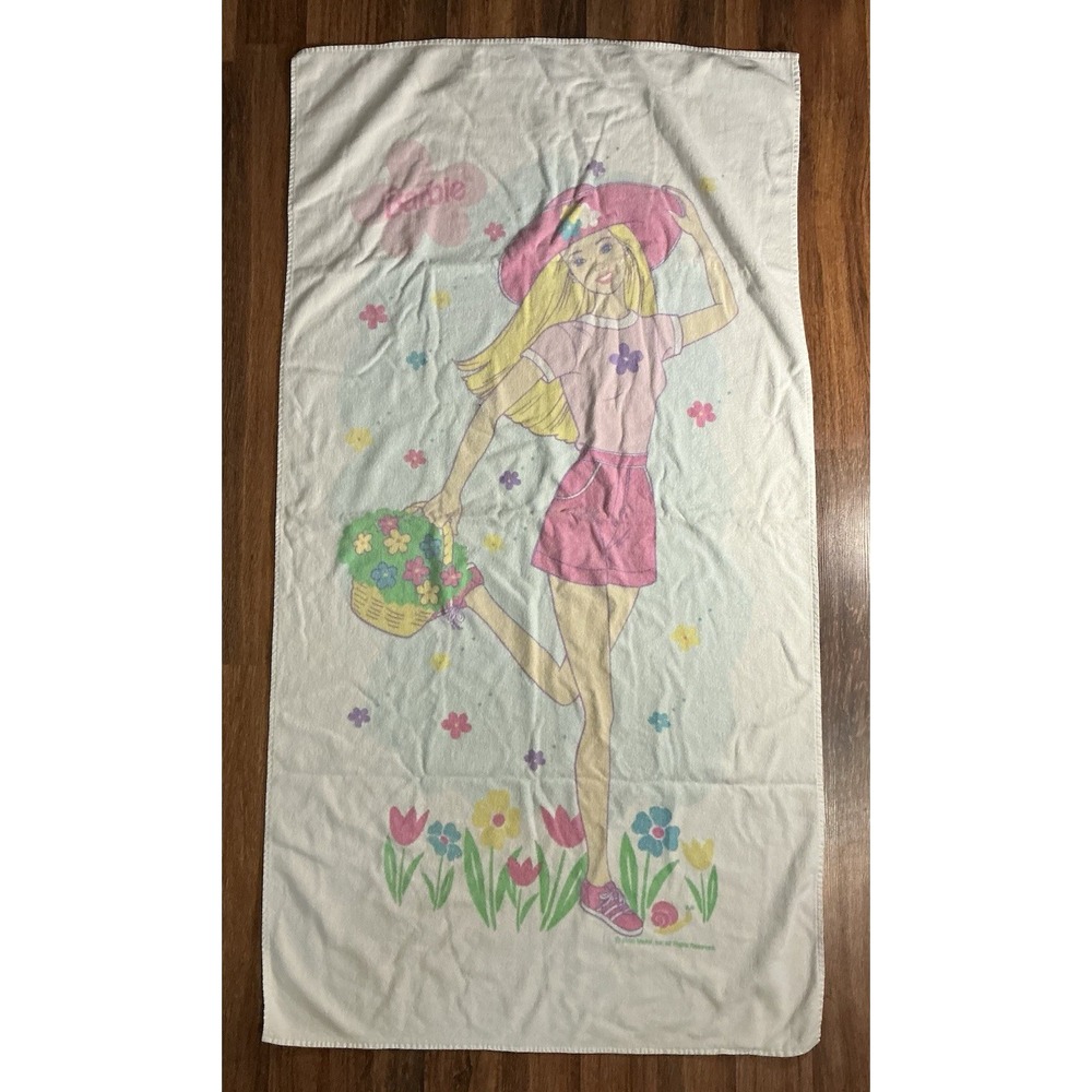 Vtg 1998 Barbie Mattel Beach Bath Towel Flower Shop by Franco 48 x 27